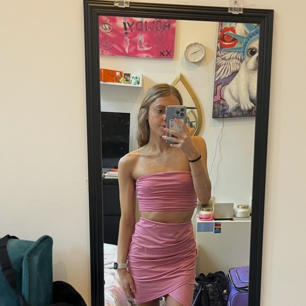 Pink Strapless Ruched Mini Dress